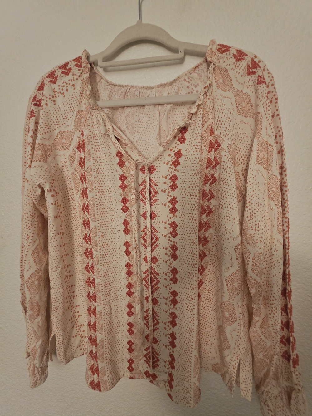 Boho-Inspired Cream and Rust Printed Peasant Blouse